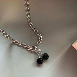 Cherry Pendant Chain Necklace 1pc - Silver & Black - One Size