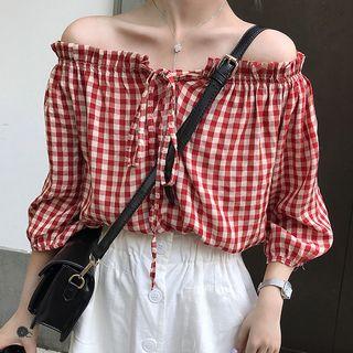 Loose-fit V-neck Plaid Top / Off-shoulder Plaid Top