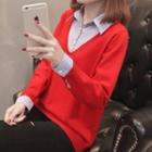 Mock Two-piece Long-sleeve Collared Sweater
