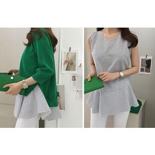 Set: Slit-side Knit Top + Sleeveless Stripe-hem Top