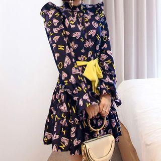 Long-sleeve Heart-print A-line Dress