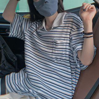 Elbow-sleeve Striped T-shirt Stripe - Blue - One Size