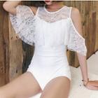 Set: Cold-shoulder Lace Panel Swimsuit + Mini Skirt