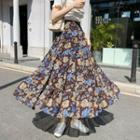 Floral Midi A-line Skirt Floral - Blue & Brown - One Size