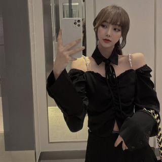 Long-sleeve Off-shoulder Faux Pearl Cropped Blouse