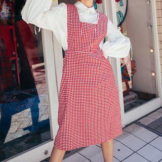 Plaid Square-neck Tie-back Pinafore Dress