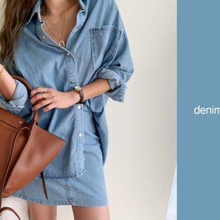 Denim Snap-button Shirt & Zip-fly Skirt Set Light Blue - One Size