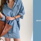 Denim Snap-button Shirt & Zip-fly Skirt Set Light Blue - One Size
