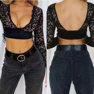 V-neck Drawstring Lace Top