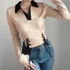 Long-sleeve Open Collar Lace Up Crop Top