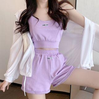 Hooded Long-sleeve Plain Zip Jacket / Lettering Cropped Tank Top + High-waist Lettering Shorts
