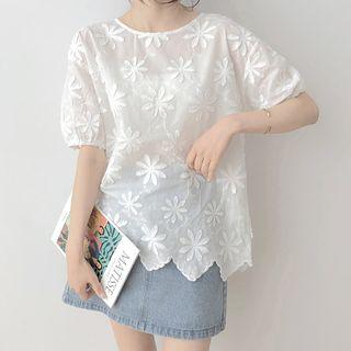 Floral Embroidered Short-sleeve Top White - One Size