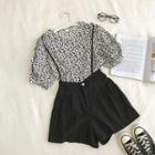 Floral Crewneck Puff-sleeve Top / Strap Shorts