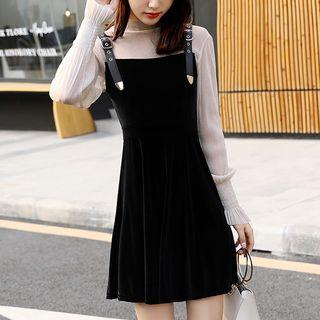 Set: Mock-neck Blouse + A-line Pinafore Dress