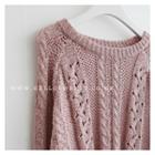 Round-neck Pointelle-knit Top Pink - One Size