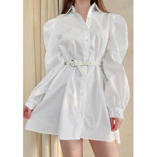 Bishop-sleeve Mini Shirtdress White - One Size