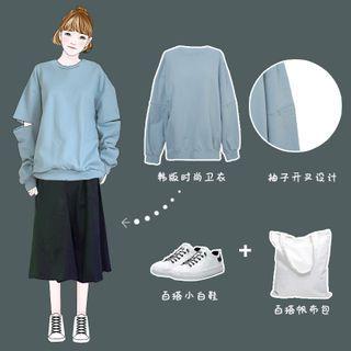 Plain Split Long-sleeve Sweatshirt Sky Blue - One Size