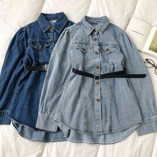 Plain Single-breasted Long-sleeve Blouse With Belt