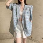 Short-sleeve Plaid Blazer / Plain Shorts / Cropped Camisole Top