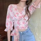 Elbow-sleeve Floral Print Cropped Blouse