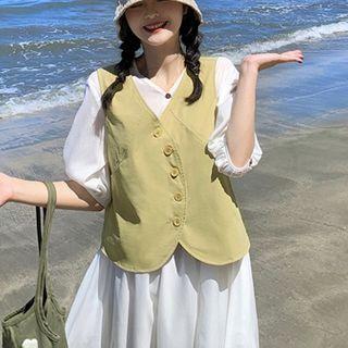 Set: Plain Button-up Dress + Button-up Vest