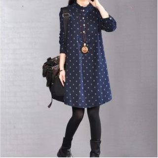Printed Long-sleeve Half-button Shirtdress