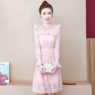 Long-sleeve Frill Trim Lace A-line Dress