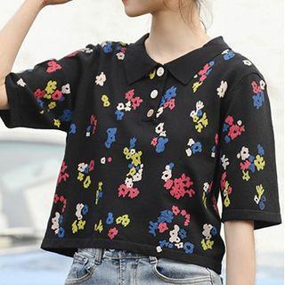 Floral Short-sleeve Polo Knit Top Black - One Size