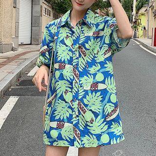 Leaf Print Short Sleeve Oversized Shirt Green - One Size