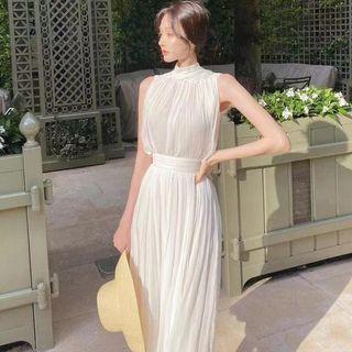 Sleeveless Tie-neck Pleated Chiffon Midi Sundress