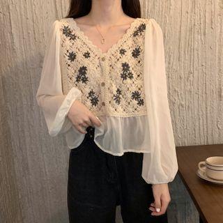 Lantern-sleeve Crochet Frill Trim Blouse