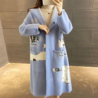 Patterned Hooded Snap-buttoned Knit Coat