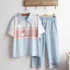Short-sleeve Print Polo Shirt / Wide-leg Jeans / Set