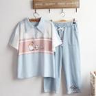Short-sleeve Print Polo Shirt / Wide-leg Jeans / Set