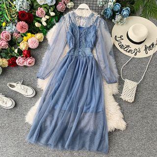 Set: Long-sleeve Sheer Panel Midi A-line Dress + Slipdress