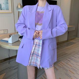 Single-breasted Blazer / Short-sleeve T-shirt / Plaid Midi Pleated Skirt