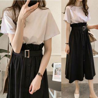 Set: Plain Short-sleeve T-shirt + High Waist Midi A-line Skirt
