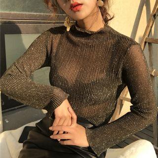 Mock Neck Glittered Long Sleeve Mesh Top