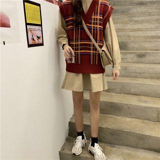 Plain Long-sleeve Loose-fit Dress / Plaid Knit Vest