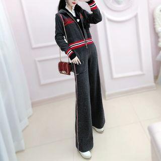 Set: Color-panel Zip Knit Hoodie + Pants