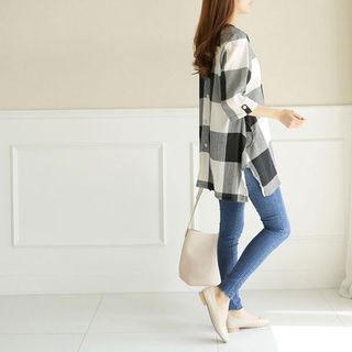 3/4-sleeve Long Check Top