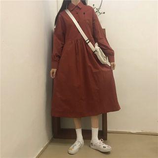 Long-sleeve Midi Shirtdress Red - One Size