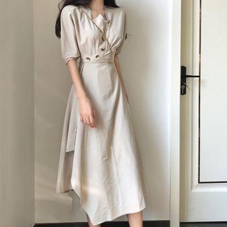 Elbow-sleeve Button Detail Midi Dress