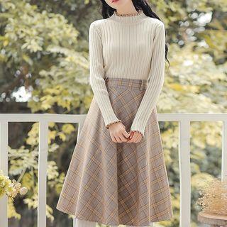 Mock Neck Knit Top / Plaid Midi Skirt