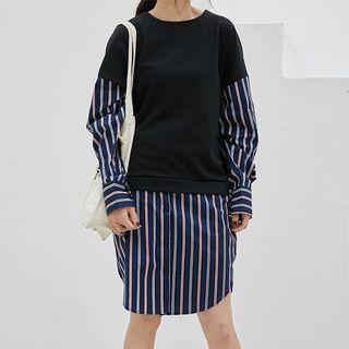 Mock Two-piece Striped Long-sleeve Dress As Shown In Figure - One Size