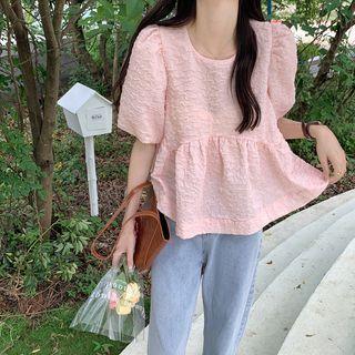 Puff-sleeve Peplum Blouse Light Tangerine - One Size