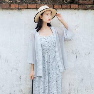 Set: Floral Print Strappy A-line Midi Dress + Light Jacket