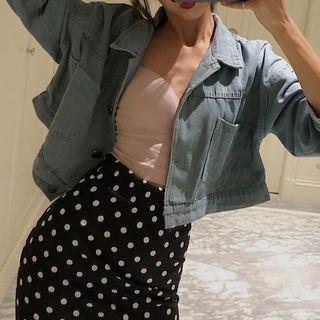 Front Pocket Buttoned Cropped Denim Jacket As Shown In Figure - One Size