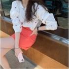 Flower Embroidered Elbow-sleeve Blouse/ High-waist A-line Mini Skirt