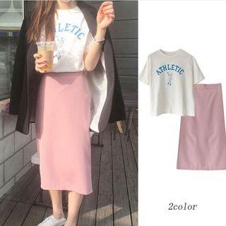 Lettering Print T-shirt / Plain Midi Pencil Skirt / Set